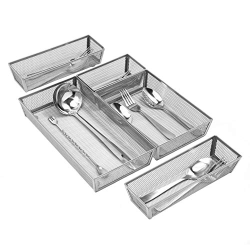 Product Cover Expandable Kitchen Drawer Organizer, 5 Separate Compartment with Anti-Slip Mats Mesh Kitchen Cutlery Trays Silverware Storage Kitchen Utensil Flatware Tray