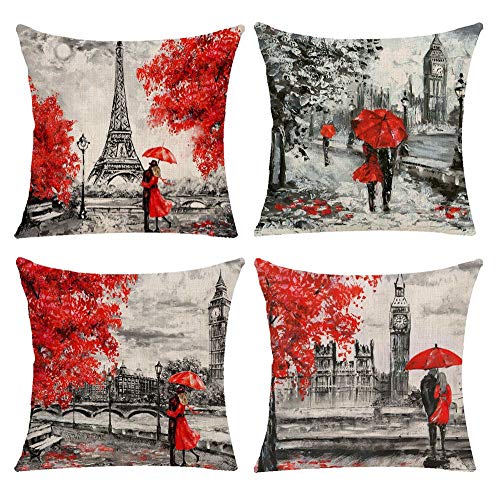 Product Cover Decorative Red Throw Pillow Covers 18x18 Inches Black & Red Color Eiffel Tower & Big Ben Lovers Pillow Case Cushion Cover Burlap for Sofa, Living Room, Bedroom, Indoor or Outdoor Pillowcase, Set of 4