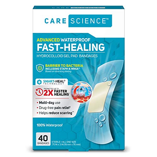 Product Cover Care Science Fast-Healing Waterproof Hydrocolloid Gel Pad Bandages.75 in x 3 in, 40 ct | 100% Waterproof Seal, 2X Faster Healing, Barrier to Bacteria, for Blisters or Wound Care