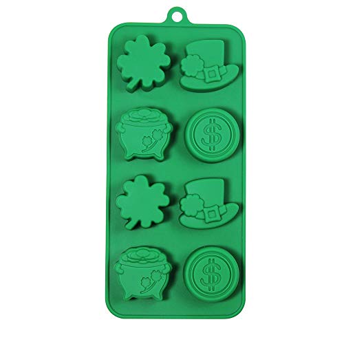 Product Cover Happy St. Patrick's Day Leprechaun Hats Coins Shamrocks & Pots of Gold Molds 8 Cavity Silicone Mold Baking & Party Candy & Cake Making Molds