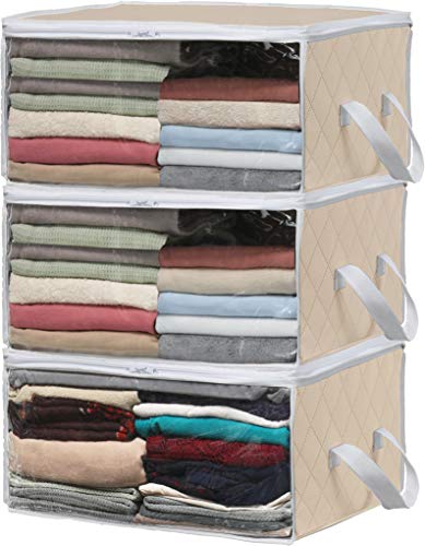 Product Cover Simple Houseware 3 Pack Foldable Closet Organizer Clothing Storage Box with Clear Window, Beige