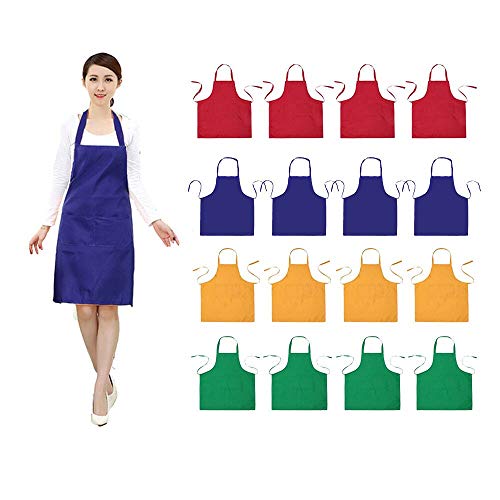 Product Cover 16 PCS Plain Color Bib Adult Apron for Women Men with 2 Pockets Waterproof Apron for Kitchen Cooking Drawing Crafting Painting Chef Restaurant Baker Servers Waitress Waiter BBQ(16, Blue Combination)