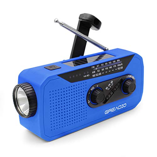 Product Cover Emergency Weather AM/FM NOAA Solar Crank Radio with Bright Flashlight, 2000mAh Power Bank, Headphone Jack for Hazard Weather and Outdoor Activitives (Blue)