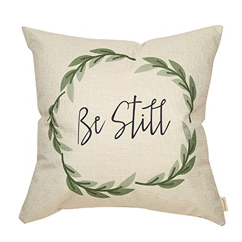 Product Cover Fahrendom Rustic Be Still Green Olive Wreath Vintage Farmhouse Décor Spring Summer Sign Decoration Cotton Linen Home Decorative Throw Pillow Case Cushion Cover with Words for Sofa Couch, 18 x 18 in