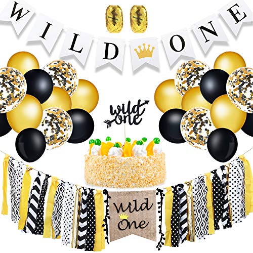 Product Cover Zhanmai Wild One Banners Highchair Banner Cake Toppers and 50 Pieces Gold Black Confetti Balloons Latex Balloons for 1st Birthday Party Decorations