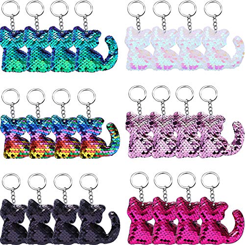 Product Cover Blulu 24 Pieces Flip Sequin Keychain Cat Shape Key Ring Hanging Keychain Decoration for Birthday Party Supplies