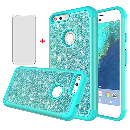 Product Cover Asuwish Phone Case for Google Pixel 1 2016 5 inch with Tempered Glass Screen Protector Cover Cell Accessories Bling Glitter Slim Full Body Rubber Shockproof Protective Pixle One Women Girls Green Teal