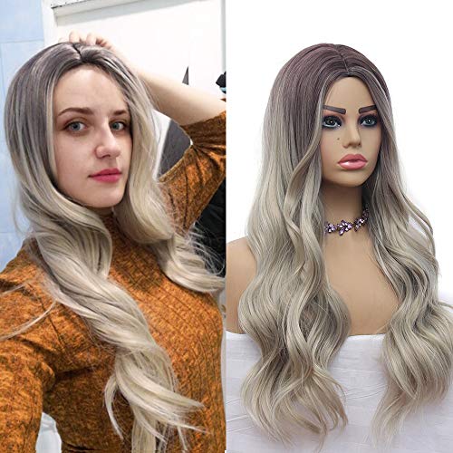 Product Cover Blonde Long Wavy Curly Wig Dark Roots Synthetic Wigs For Women Heat Resistant Natural Wig