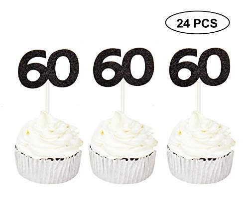 Product Cover 24 PCS 60th Cupcake Toppers - Anniversary or Birthday Cupcake Picks Party Decoration Supplies | Black 60th