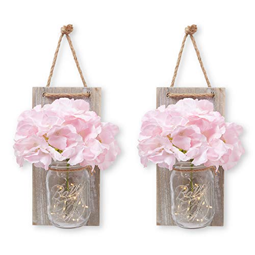 Product Cover Stress Junkie Hanging Mason Jar Wall Decor Sconce with LED Fairy Lights, Rustic Wood with Beautiful Pink and Cream Flowers Included for Home, Kitchen, Bathroom & Farmhouse Room Decorations (Set of 2)