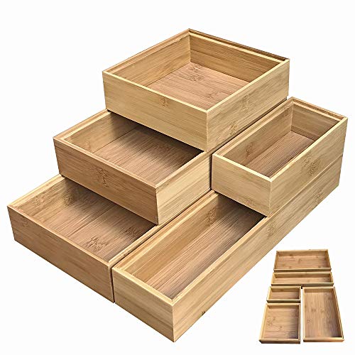 Product Cover Simhoo Bamboo Stackable Drawer Organizer and Desk Storage Box/Tray for Office Supplies,Junk,Crafts,Sewing Small Daily Use Articles 5 Boxes Adjustable Organization(1sets)
