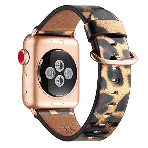 Product Cover WFEAGL Compatible iWatch Band 38mm 40mm, Top Grain Leather Bands of Many Colors for iWatch Series 5,Series 4,Series 3,Series 2,Series 1 (Leopard Band+Rose Gold Adapter, 38mm 40mm)