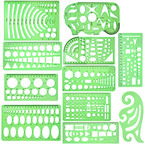Product Cover 11 Piece Geometric Drawing Template Measuring Ruler, Transparent Green Plastic Ruler with Portable Plastic Bag for, for Studying, Designing and Building