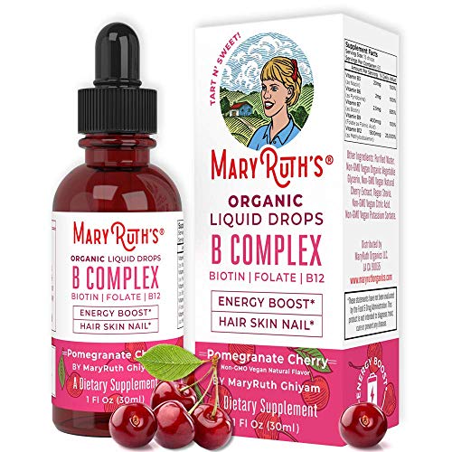Product Cover Organic Vitamin B Complex by MaryRuth - Hair Skin Nails Energy - Methyl B12 - Folate - Biotin - Niacin - Liquid Sublingual Supplement - Vitamins B3, 6, 7, 9, 12 - Vegan Non-GMO Tart Cherry - Glass 1oz