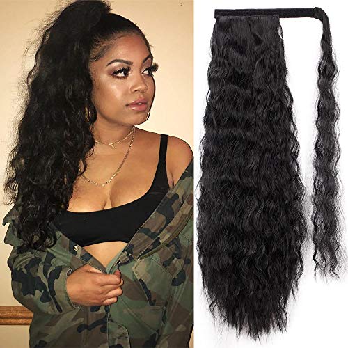 Product Cover Stamped Glorious 22 Inch Long Corn Wave Ponytail Extension Magic Paste Heat Resistant Wavy Synthetic Wrap Around Ponytail Black Hairpiece for Women (1B)