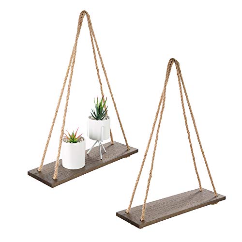 Product Cover Wood Rope Hanging Floating Shelves， Rustic Wall Decor Swing Shelf with 4 Hooks，Pack of 2 ，Brown