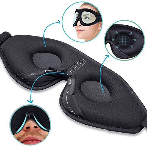 Product Cover 3D Sleep Mask Eye Cover for Woman and Man, 100% Blackout Lightweight and Comfortable Night Eye Mask for Sleeping, Super Soft, Adjustable, Night Blindfold Eyeshade for Travel, Shift Work, Naps (Black)