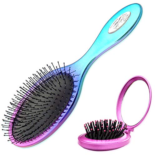 Product Cover Oleh-Oleh Wet and Dry Brush Pro Detangle Hair Brush + Folding Mirror Mini Pop Up Hairbrush (rose+blue)