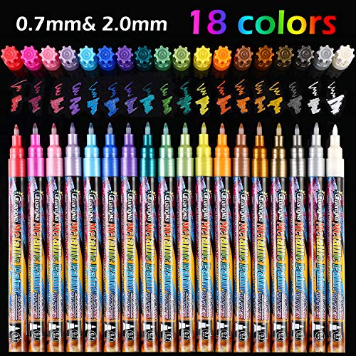 Product Cover 18 Colors Metallic Marker Pens, 0.7 mm Extra Fine Point Paint Pen, Metallic Painting Pens, Metallic Permanent Markers for Cards Writing Signature Lettering