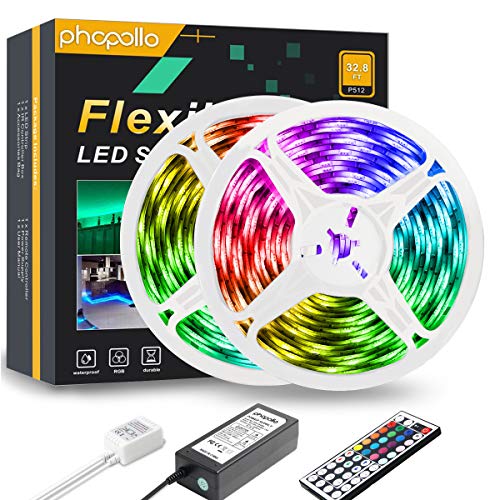 Product Cover PHOPOLLO LED Strip Lights, 32.8ft RGB Color Changing 5050 300LEDs Waterproof Flexible LED Tape Light Kit with 44 Key IR Remote Controller and 12V Power Supply for Room, Bedroom and Xmas