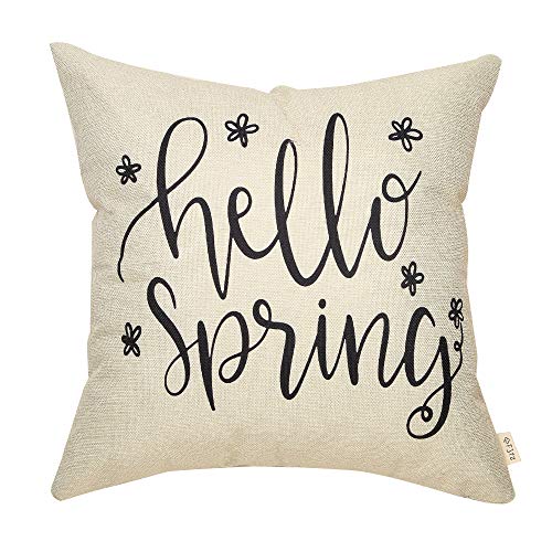 Product Cover Fjfz Rustic Hello Spring Sign Farmhouse Style Decoration Seasonal Decor Cotton Linen Home Decorative Throw Pillow Case Cushion Cover with Words for Sofa Couch, 18