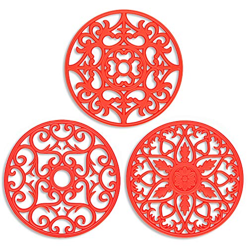 Product Cover ME.FAN 3 Set Silicone Multi-Use Intricately Carved Trivet Mat - Insulated Flexible Durable Non Slip Coasters (Red)