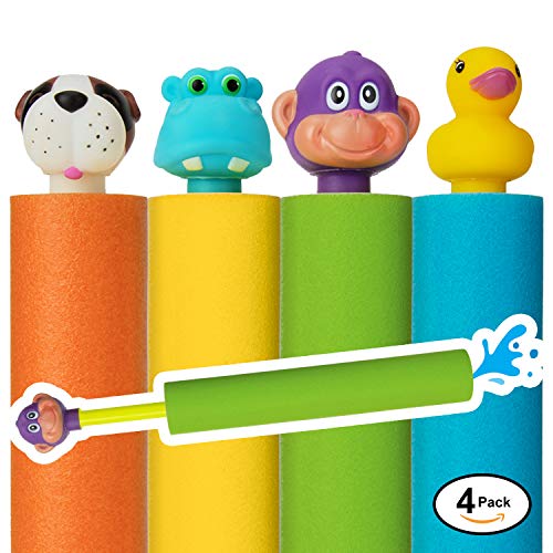 Product Cover Water Blaster Soaker Gun - 4 Pack Safe Foam Noodles Pump Action Outdoor Water Toy for Kids and Adults - Pool Beach Yard and Park Play. 4 Animal Figures in 4 Bright Colors. Up to 30 ft. Blast