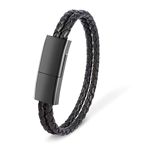 Product Cover USB Charging Bracelet Cable Fashion Double Braided Leather Wrist Data Charger Cord (Black L（8.2