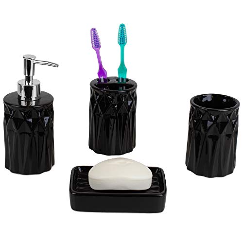 Product Cover Home Basics Gift & D Beautiful Prism 4 Pcs Ceramic Durable Bath Accessory Set-Decorative Lotion Dispenser/Dish/Tumbler/Toothbrush Holder (Black) Perfect Gift & Decorating Idea