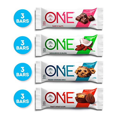 Product Cover ONE Protein Bars, Chocolate Lovers Variety Pack, Gluten Free 20g Protein and only 1g Sugar, Dark Chocolate Sea Salt, Chocolate Chip Cookie Dough, Peanut Butter Cup & Almond Bliss, 2.12 oz (12 Pack)