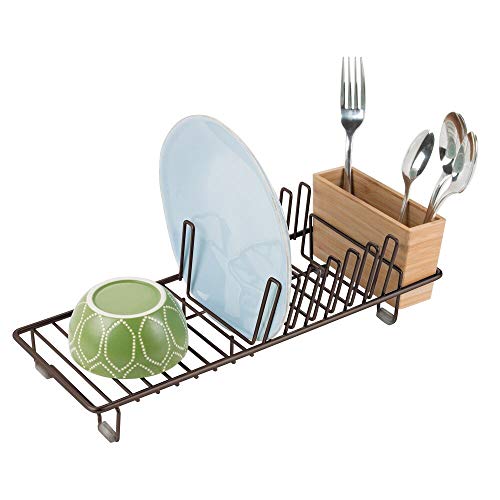 Product Cover mDesign Compact Modern Kitchen Countertop, Sink Dish Drying Rack, Removable Cutlery Tray - Drain and Dry Wine Glasses, Bowls and Dishes - Metal Wire Drainer in Bronze with Natural Bamboo Caddy