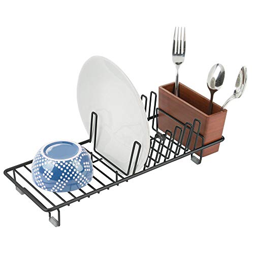 Product Cover mDesign Compact Modern Kitchen Countertop, Sink Dish Drying Rack, Removable Cutlery Tray - Drain and Dry Wine Glasses, Bowls and Dishes - Metal Wire Drainer in Black with Cherry Bamboo Caddy