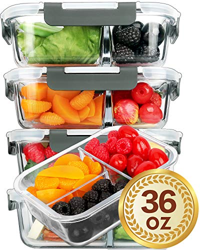 Product Cover [5 Packs]Glass Meal Prep Containers 3 Compartment with Lids, Glass Lunch Containers,Food Prep Lunch Box,Bento Box,BPA-Free, Microwave, Oven, Freezer, Dishwasher Safe (36 oz)