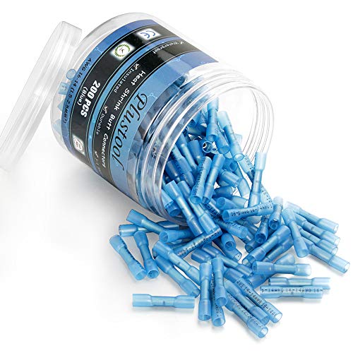 Product Cover 200PCS Blue Heat Shrink Butt Connectors 16-14 AWG, Plustool Waterproof Butt Connectors Electrical Butt Wire Connectors Insulated Marine Crimp Splice Automotive Wire Terminals Kit