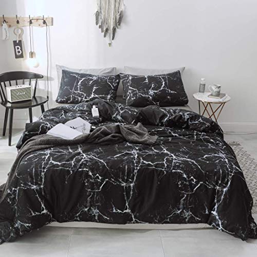 Product Cover Duvet Cover Set 100% Natural Cotton Comforter Cover Black Marble Reversible Design with Zipper Closure Bedding Set(Full/Queen, Black)