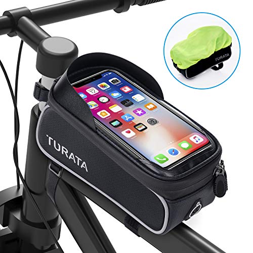 Product Cover TURATA Bike Bags Bicycle Front Frame Bag Waterproof Handlebar Cycling Top Tube Pannier Touch Screen Sun Visor Large Capacity Mobile Phone Holder Fits Phones Below 6.5 Inches (Gray)
