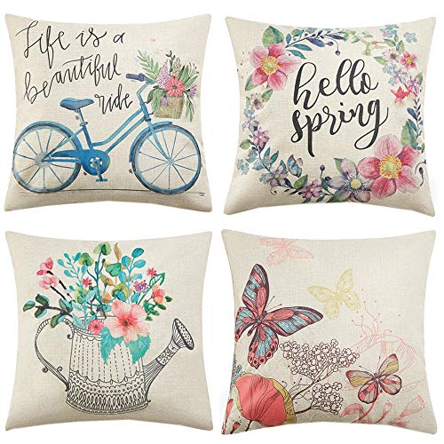 Product Cover Anickal Spring Decorations Set of 4 Decorative Pillow Covers 18x18 Hello Spring Wreath Bicycle Butterfly Cotton Linen Pillow Cases for Spring Home Farmhouse Decor