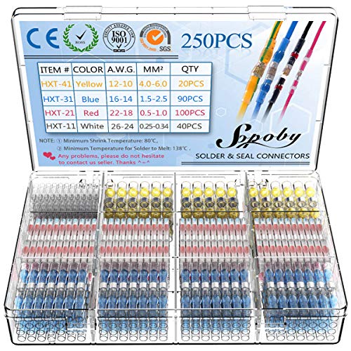 Product Cover 250PCS Solder Seal Wire Connectors - Sopoby Heat Shrink Solder Butt Connectors - Solder Connector Kit - Automotive Marine Insulated Waterproof Electrical Wire Terminals