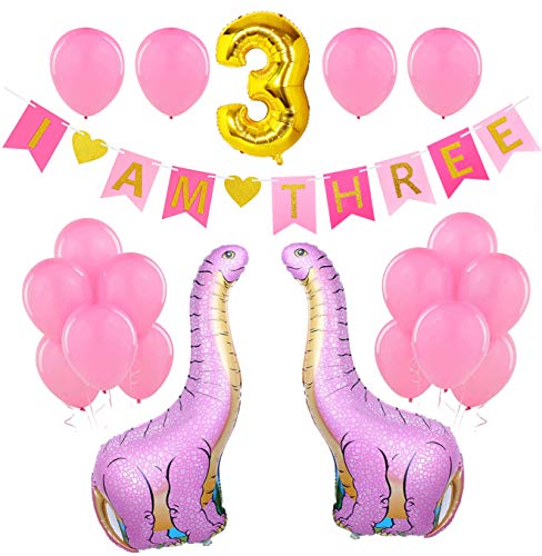 Product Cover Baby Girl 3rd Third Birthday Decoration- I AM THREE Gold and Pink Banner,Dinosaur Foil Balloons,Latex Balloons,Supplies and Favors for Three Years Old Birthday Bday Decor