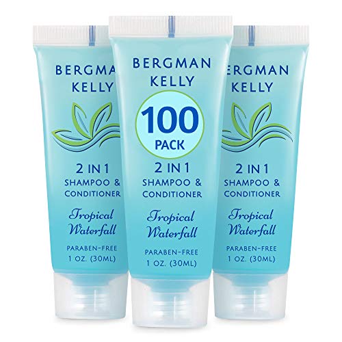 Product Cover BERGMAN KELLY Travel Size Shampoo & Conditioner 2 in 1 (1 Fl Oz, 100 PK, Tropical Waterfall), Delight Your Guests with Invigorating and Refreshing Shampoo Amenities, Small Hotel Toiletries in Bulk