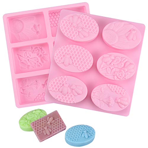 Product Cover 2 Pcs SJ 3D Bee Silicone Molds, Honeycomb Molds for Soaps, Cake Baking Mold, Candle Mold Resin Mold for Homemade Craft (Oval & Square, Pink)