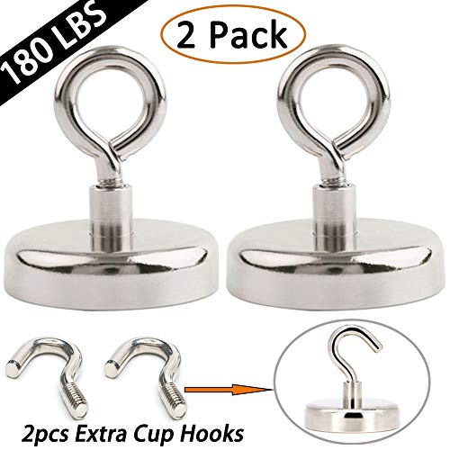 Product Cover EVISWIY Strong Fishing Magnets Neodymium Rare Earth 180 LBS for Treasure Hunting Retrieving Salvage with 2 PCS Cup Hooks Dia. 48MM 1.89