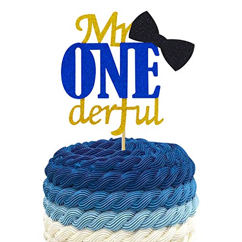 Product Cover Joymee Mr Onederful Cake Topper,Double Sided 1st First Cake Decorations with Bowtie Gold Glitter Little Man Happy Birthday Handmade Ornaments