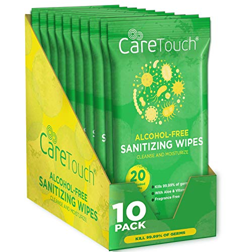 Product Cover Care Touch Alcohol Free Hand Sanitizer Wipes - 10 Travel Packs of 20 Count Each - Antibacterial Moisturizing Sanitizing Wipes with Vitamin E Aloe for Baby to Adult 200 Wipes Total