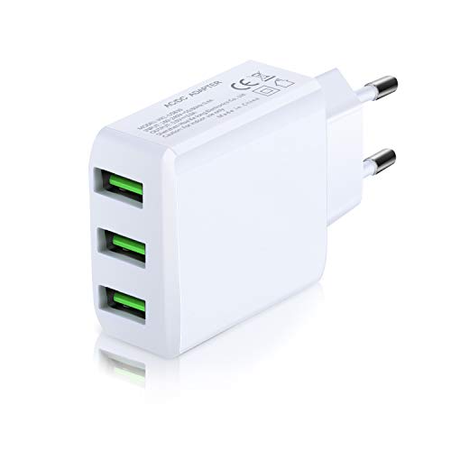 Product Cover European Plug Adapter, OKRAY 5V/3A Portable 3-Port USB Europe Wall Charger Universal Travel Charger with Wall Plug Compatible iPhone Xs/XR/X/8/7/6/Plus, iPad, Samsung Galaxy S9/S8/S7 Edge, HTC (White)