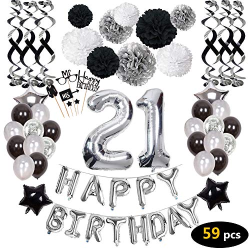 Product Cover 21st Birthday Decorations,21st Happy Birthday Decorations Balloons Party Supplies,21 Birthday Balloons Banners Confetti Hanging Swirls Paper Pompoms Cake Topper,for Her Women Girls Man