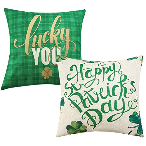 Product Cover Anickal St Patricks Day Pillow Covers 18x18 Inch for St Patricks Day Decorations Happy St Patricks Day Green Shamrock Clover Lucky You Set of 2 Decorative Throw Pillow Case for Home Farmhouse Decor