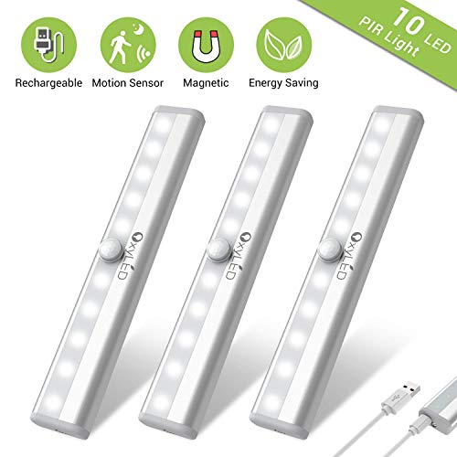 Product Cover Under Cabinet Lighting, OxyLED USB Rechargeable Motion Sensor Closet Lights, Wireless Magnetic Stick-on Cordless 10 LED Night Light Bar for Closet Cabinet Wardrobe Stairs, 3 Pack