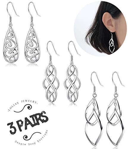 Product Cover LOLIAS 3 Pairs Celtic Knot Dangle Earrings for Women Girls Silver Twist Wave Filigree Teardrop Fashion Earring Jewelry