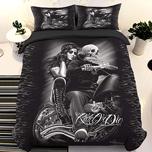 Product Cover Guidear Ride or Die Skull Bedding Set for Adults, 3D Printed Skull Riding with Girls Duvet Cover with 2 Pillowcases,Black Gothic Microfibe Comforter Cover King Size 90